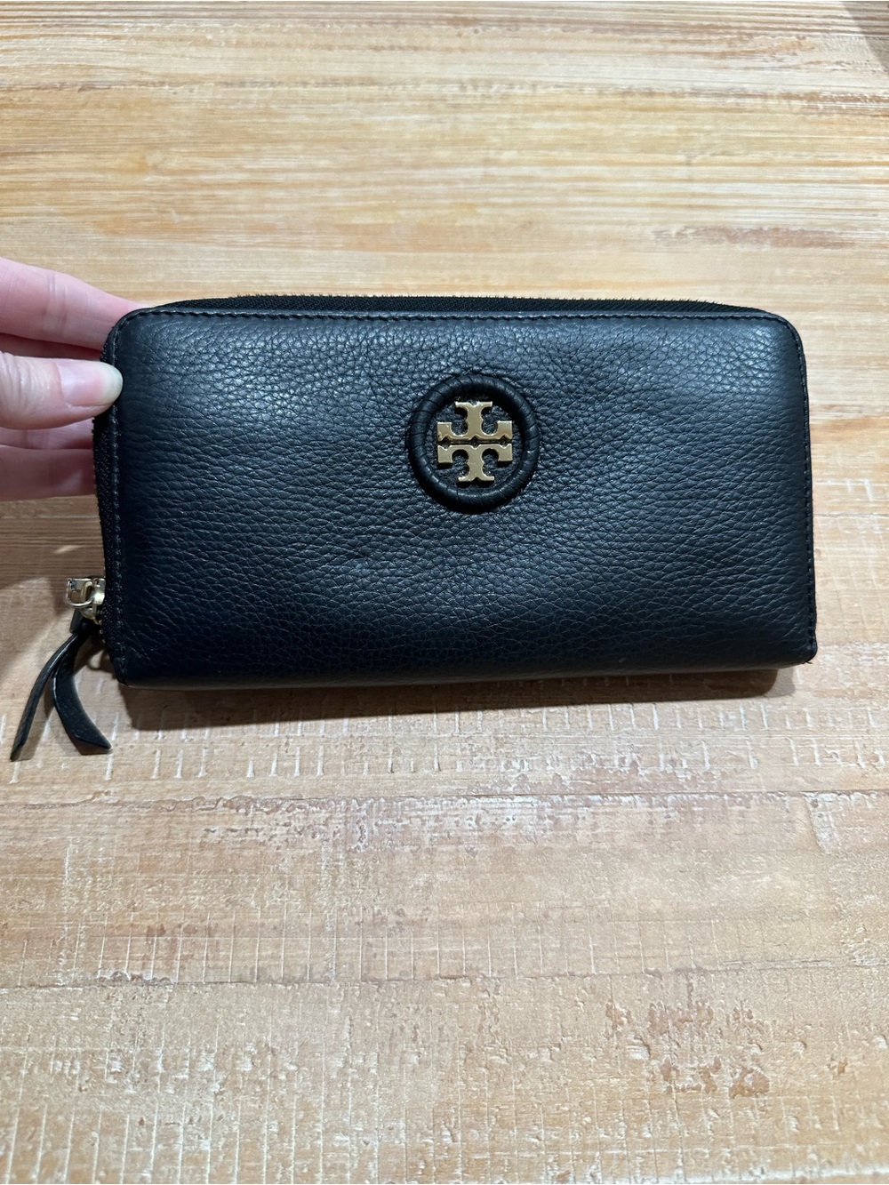 Tory Burch Black Leather Zip-Around Wallet with Gold Logo